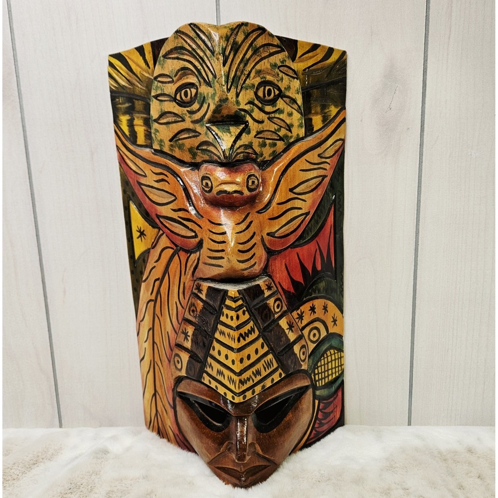 Unbranded Multicolor Hand Carved Wood Totem Wall Mask 16in Folk Art Tribal Decor